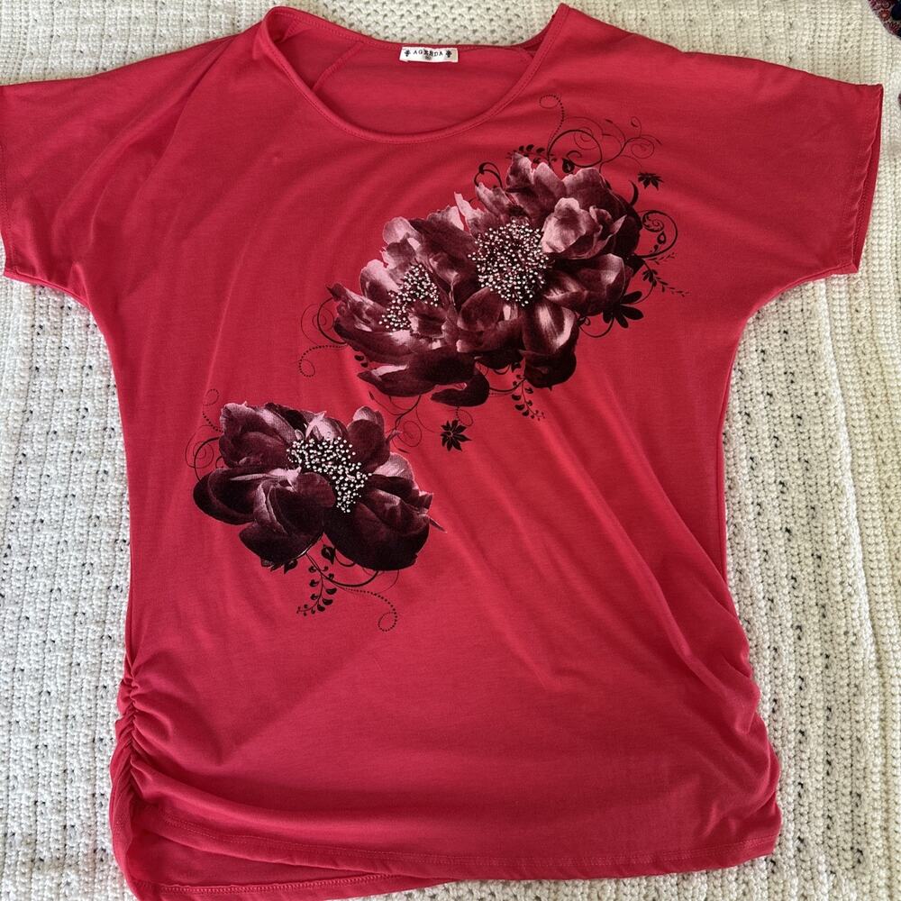 Women’s XL Agenda Side Runched Long Length Flower Sequin Pink Short Sleeve Top